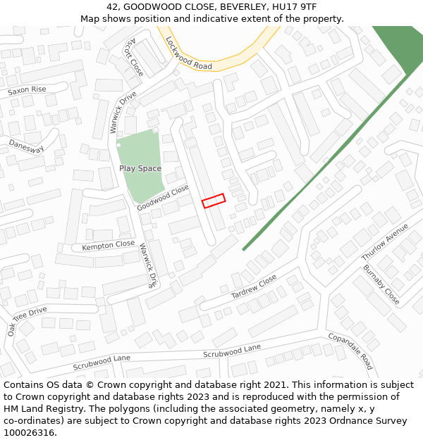 42, GOODWOOD CLOSE, BEVERLEY, HU17 9TF: Location map and indicative extent of plot