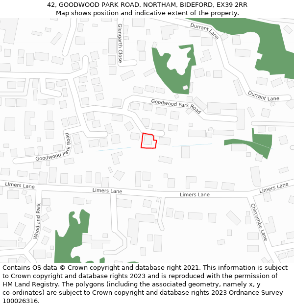 42, GOODWOOD PARK ROAD, NORTHAM, BIDEFORD, EX39 2RR: Location map and indicative extent of plot