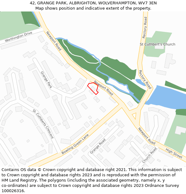 42, GRANGE PARK, ALBRIGHTON, WOLVERHAMPTON, WV7 3EN: Location map and indicative extent of plot