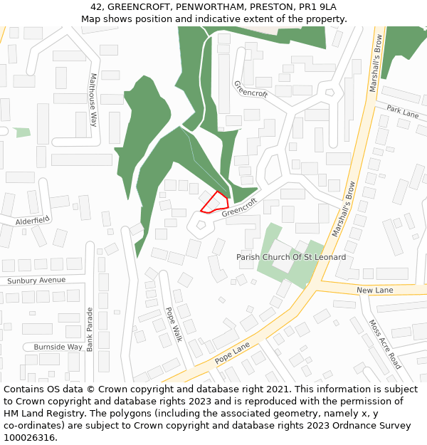 42, GREENCROFT, PENWORTHAM, PRESTON, PR1 9LA: Location map and indicative extent of plot