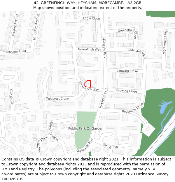 42, GREENFINCH WAY, HEYSHAM, MORECAMBE, LA3 2GR: Location map and indicative extent of plot