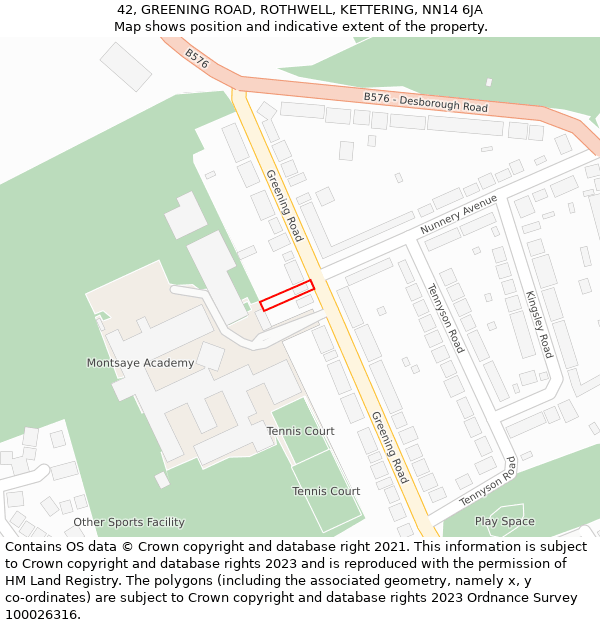 42, GREENING ROAD, ROTHWELL, KETTERING, NN14 6JA: Location map and indicative extent of plot