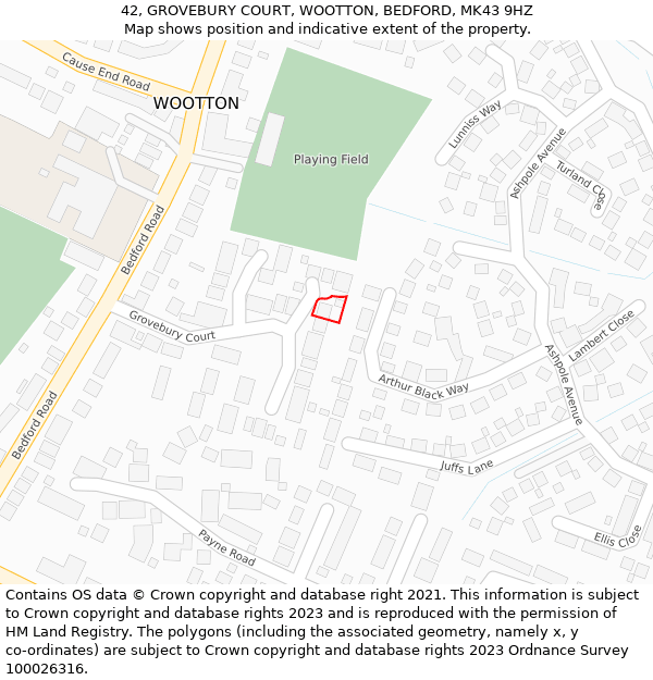 42, GROVEBURY COURT, WOOTTON, BEDFORD, MK43 9HZ: Location map and indicative extent of plot