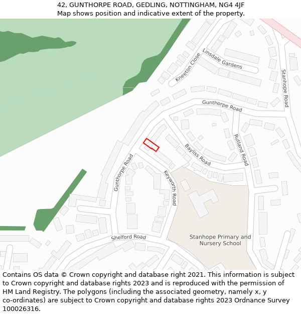 42, GUNTHORPE ROAD, GEDLING, NOTTINGHAM, NG4 4JF: Location map and indicative extent of plot