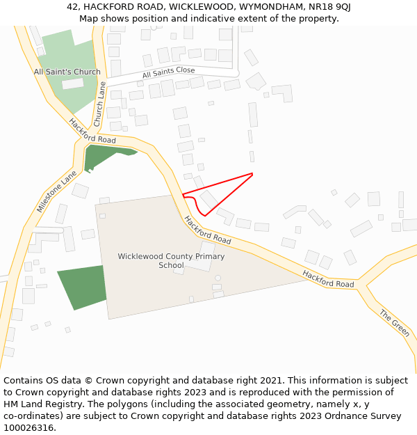 42, HACKFORD ROAD, WICKLEWOOD, WYMONDHAM, NR18 9QJ: Location map and indicative extent of plot