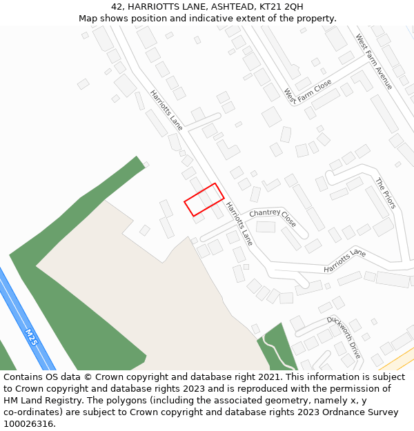 42, HARRIOTTS LANE, ASHTEAD, KT21 2QH: Location map and indicative extent of plot