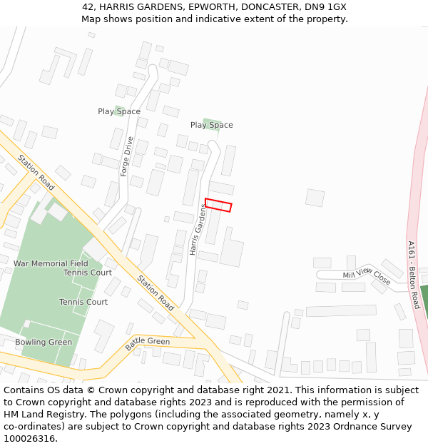 42, HARRIS GARDENS, EPWORTH, DONCASTER, DN9 1GX: Location map and indicative extent of plot