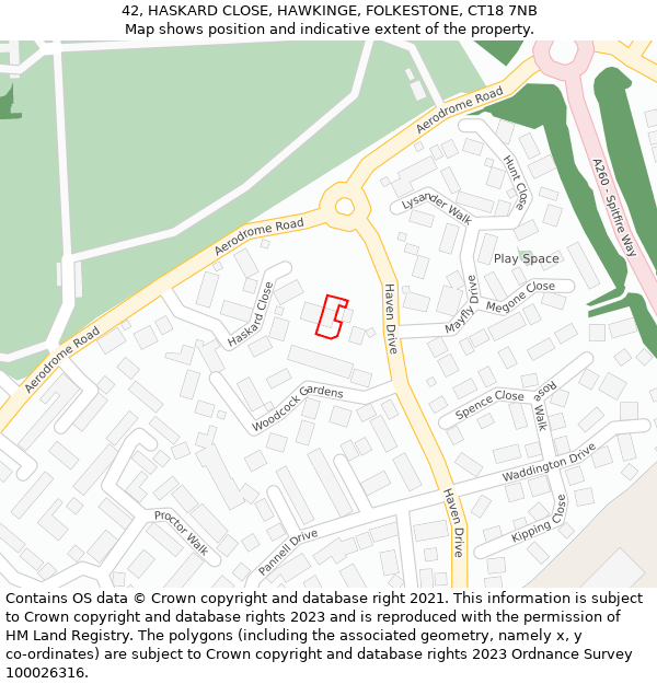 42, HASKARD CLOSE, HAWKINGE, FOLKESTONE, CT18 7NB: Location map and indicative extent of plot