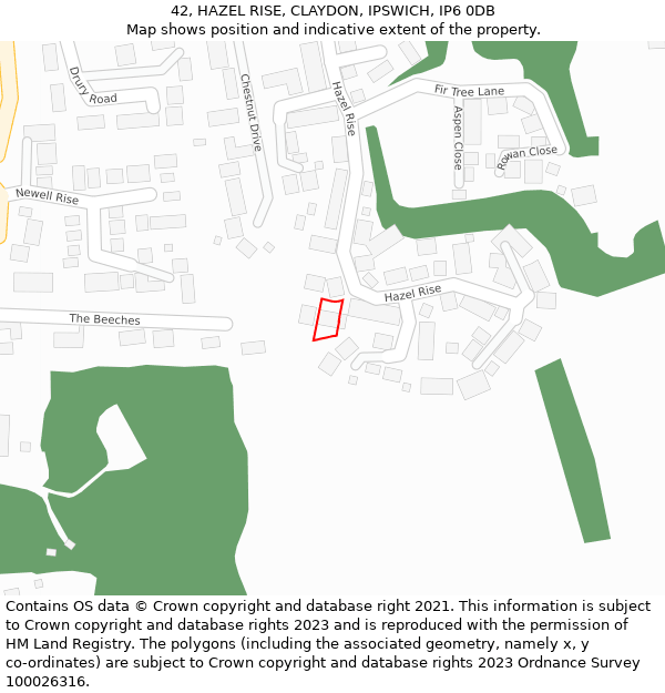 42, HAZEL RISE, CLAYDON, IPSWICH, IP6 0DB: Location map and indicative extent of plot