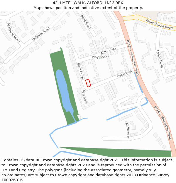 42, HAZEL WALK, ALFORD, LN13 9BX: Location map and indicative extent of plot