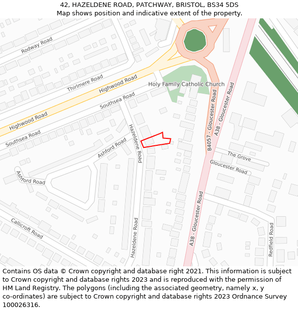 42, HAZELDENE ROAD, PATCHWAY, BRISTOL, BS34 5DS: Location map and indicative extent of plot