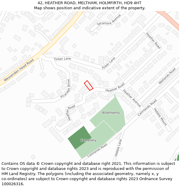 42, HEATHER ROAD, MELTHAM, HOLMFIRTH, HD9 4HT: Location map and indicative extent of plot