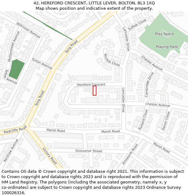 42, HEREFORD CRESCENT, LITTLE LEVER, BOLTON, BL3 1XQ: Location map and indicative extent of plot