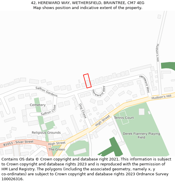 42, HEREWARD WAY, WETHERSFIELD, BRAINTREE, CM7 4EG: Location map and indicative extent of plot