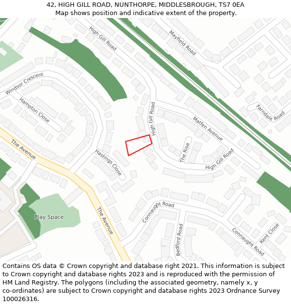 42, HIGH GILL ROAD, NUNTHORPE, MIDDLESBROUGH, TS7 0EA: Location map and indicative extent of plot