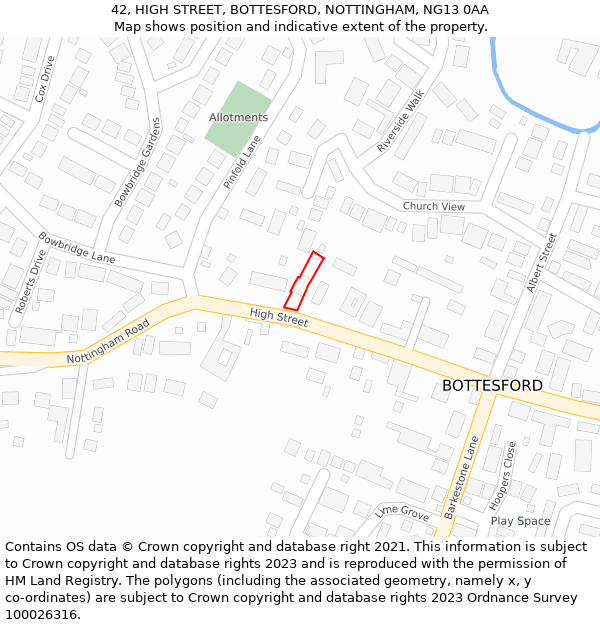 42, HIGH STREET, BOTTESFORD, NOTTINGHAM, NG13 0AA: Location map and indicative extent of plot