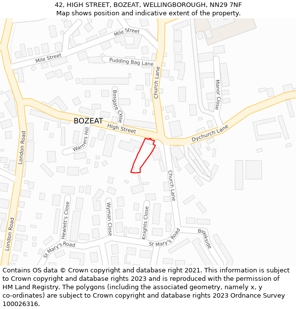 42, HIGH STREET, BOZEAT, WELLINGBOROUGH, NN29 7NF: Location map and indicative extent of plot