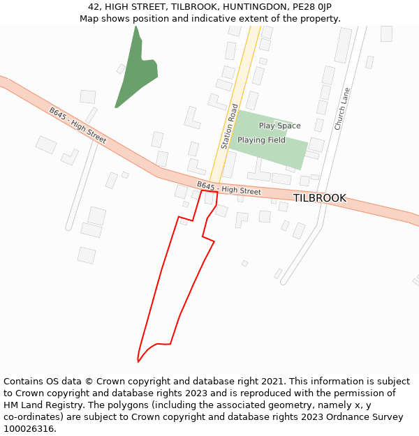 42, HIGH STREET, TILBROOK, HUNTINGDON, PE28 0JP: Location map and indicative extent of plot