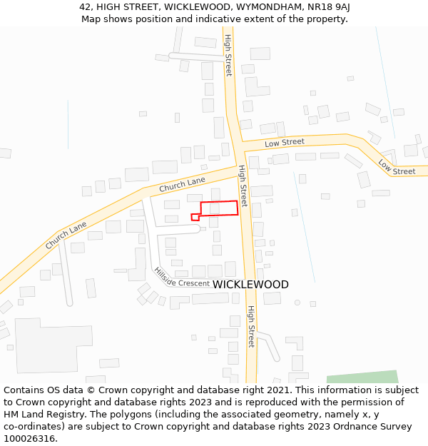 42, HIGH STREET, WICKLEWOOD, WYMONDHAM, NR18 9AJ: Location map and indicative extent of plot