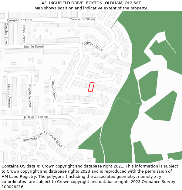 42, HIGHFIELD DRIVE, ROYTON, OLDHAM, OL2 6AF: Location map and indicative extent of plot