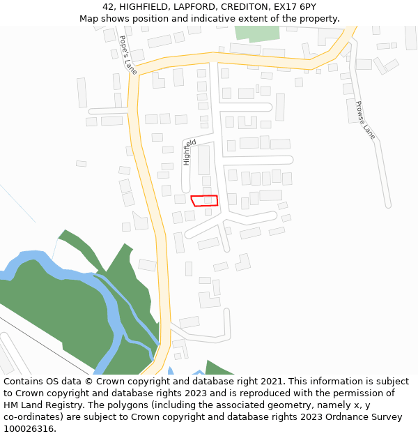 42, HIGHFIELD, LAPFORD, CREDITON, EX17 6PY: Location map and indicative extent of plot