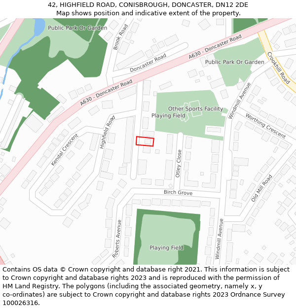 42, HIGHFIELD ROAD, CONISBROUGH, DONCASTER, DN12 2DE: Location map and indicative extent of plot