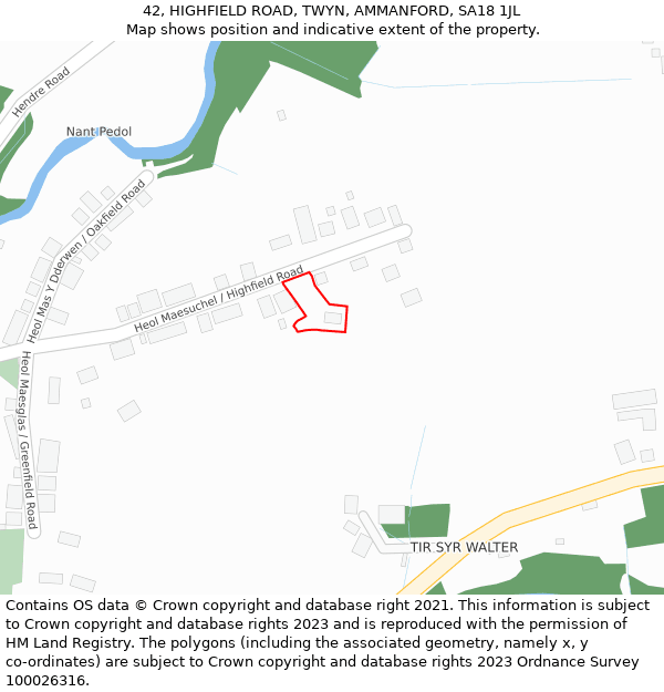 42, HIGHFIELD ROAD, TWYN, AMMANFORD, SA18 1JL: Location map and indicative extent of plot