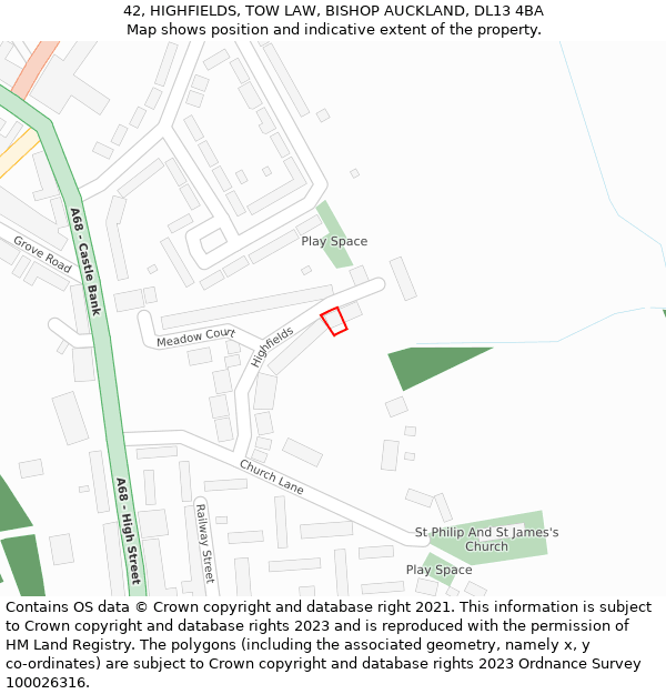 42, HIGHFIELDS, TOW LAW, BISHOP AUCKLAND, DL13 4BA: Location map and indicative extent of plot