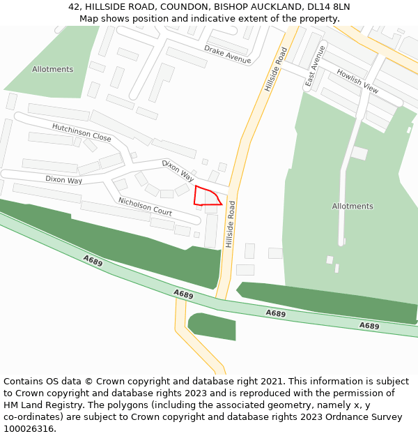 42, HILLSIDE ROAD, COUNDON, BISHOP AUCKLAND, DL14 8LN: Location map and indicative extent of plot