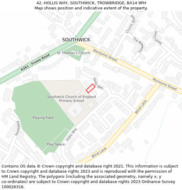 42, HOLLIS WAY, SOUTHWICK, TROWBRIDGE, BA14 9PH: Location map and indicative extent of plot