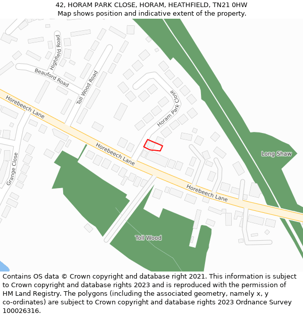 42, HORAM PARK CLOSE, HORAM, HEATHFIELD, TN21 0HW: Location map and indicative extent of plot