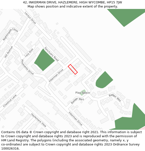 42, INKERMAN DRIVE, HAZLEMERE, HIGH WYCOMBE, HP15 7JW: Location map and indicative extent of plot