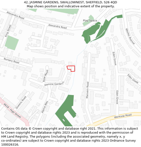 42, JASMINE GARDENS, SWALLOWNEST, SHEFFIELD, S26 4QD: Location map and indicative extent of plot