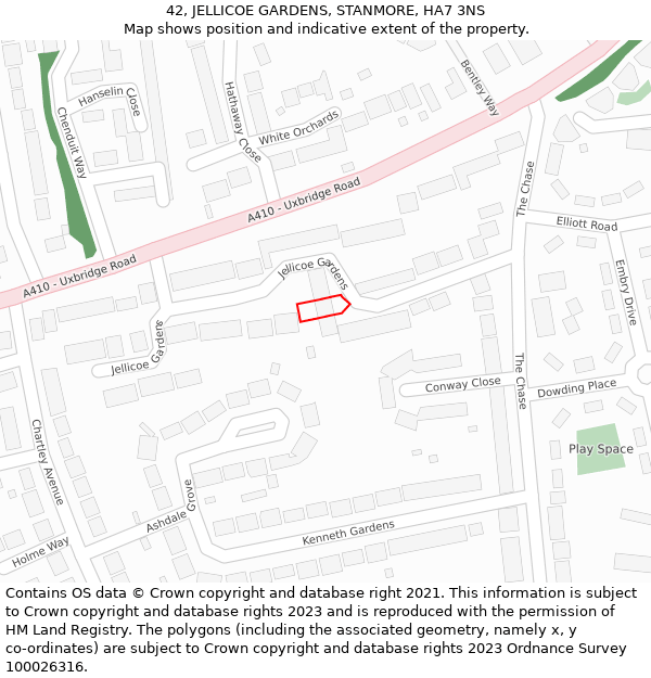 42, JELLICOE GARDENS, STANMORE, HA7 3NS: Location map and indicative extent of plot