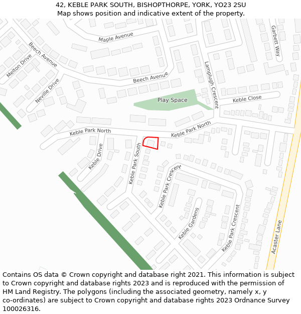 42, KEBLE PARK SOUTH, BISHOPTHORPE, YORK, YO23 2SU: Location map and indicative extent of plot