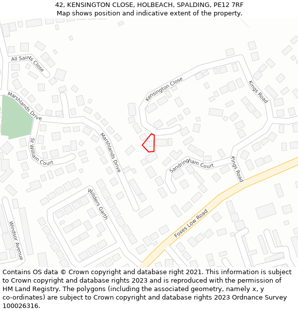 42, KENSINGTON CLOSE, HOLBEACH, SPALDING, PE12 7RF: Location map and indicative extent of plot