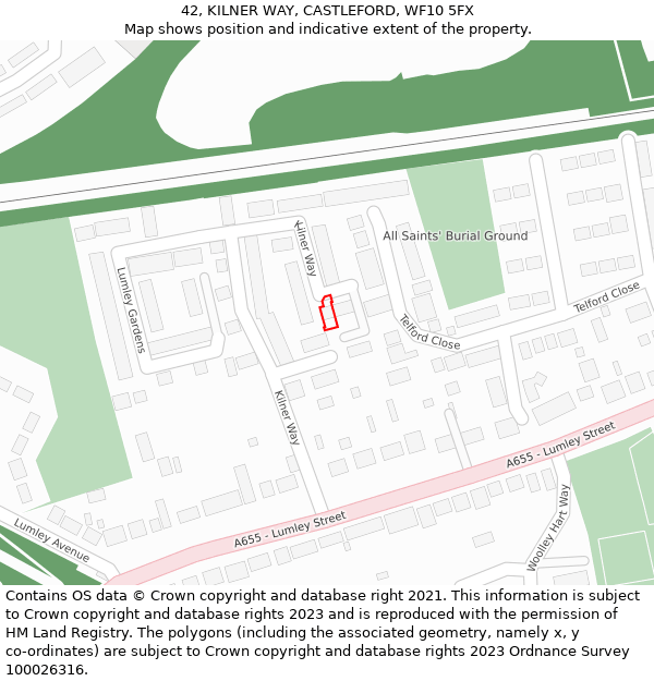 42, KILNER WAY, CASTLEFORD, WF10 5FX: Location map and indicative extent of plot