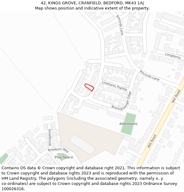 42, KINGS GROVE, CRANFIELD, BEDFORD, MK43 1AJ: Location map and indicative extent of plot