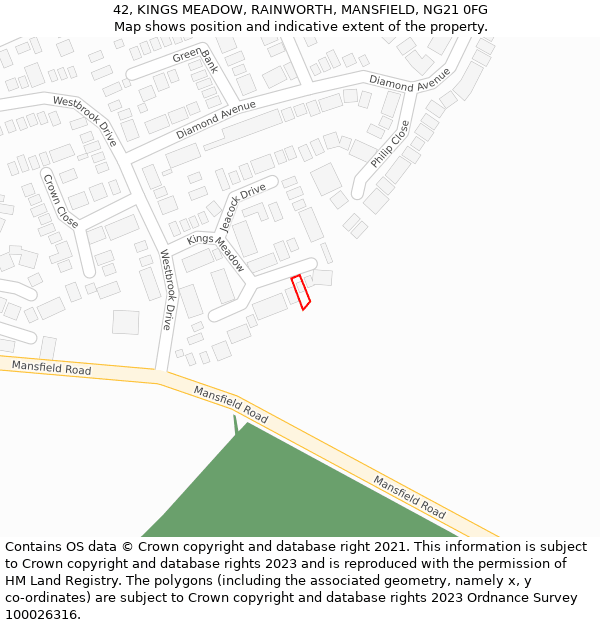 42, KINGS MEADOW, RAINWORTH, MANSFIELD, NG21 0FG: Location map and indicative extent of plot