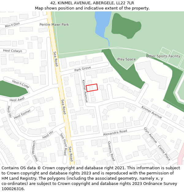 42, KINMEL AVENUE, ABERGELE, LL22 7LR: Location map and indicative extent of plot