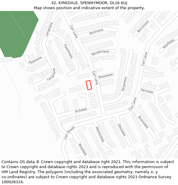 42, KIRKDALE, SPENNYMOOR, DL16 6UJ: Location map and indicative extent of plot