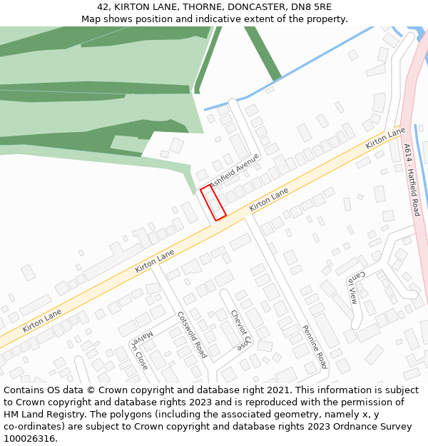 42, KIRTON LANE, THORNE, DONCASTER, DN8 5RE: Location map and indicative extent of plot