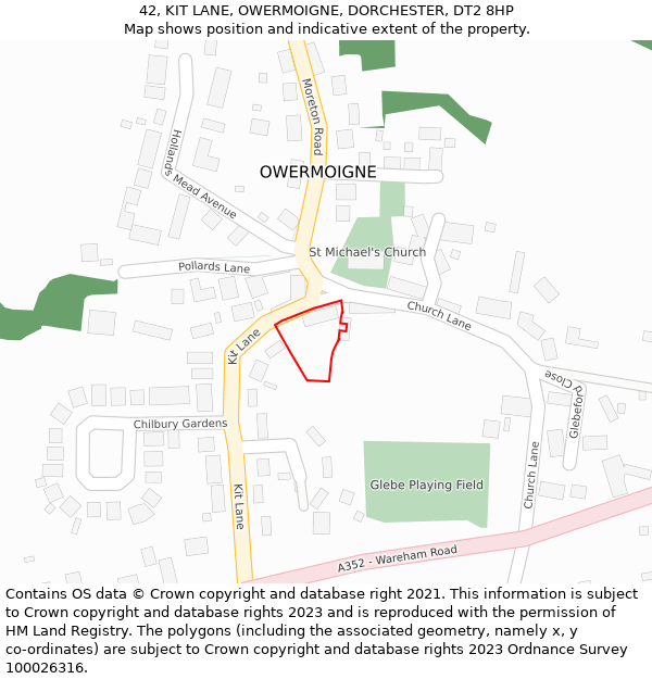 42, KIT LANE, OWERMOIGNE, DORCHESTER, DT2 8HP: Location map and indicative extent of plot