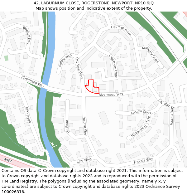 42, LABURNUM CLOSE, ROGERSTONE, NEWPORT, NP10 9JQ: Location map and indicative extent of plot