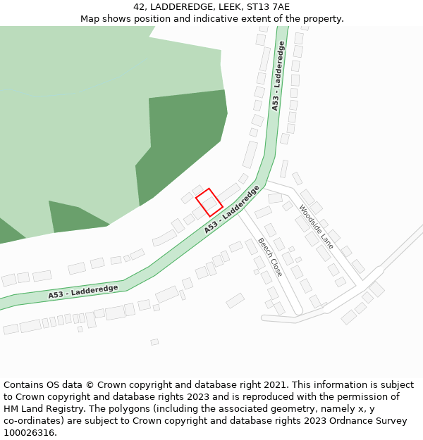 42, LADDEREDGE, LEEK, ST13 7AE: Location map and indicative extent of plot