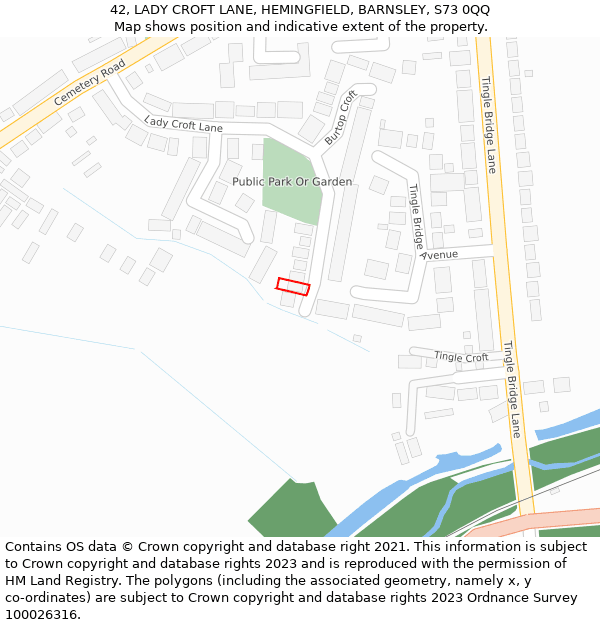 42, LADY CROFT LANE, HEMINGFIELD, BARNSLEY, S73 0QQ: Location map and indicative extent of plot