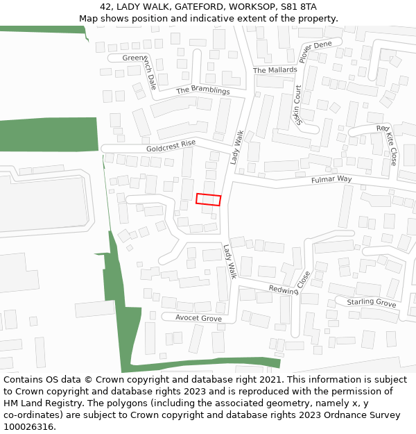 42, LADY WALK, GATEFORD, WORKSOP, S81 8TA: Location map and indicative extent of plot