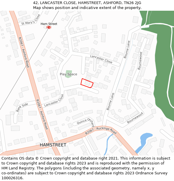 42, LANCASTER CLOSE, HAMSTREET, ASHFORD, TN26 2JG: Location map and indicative extent of plot