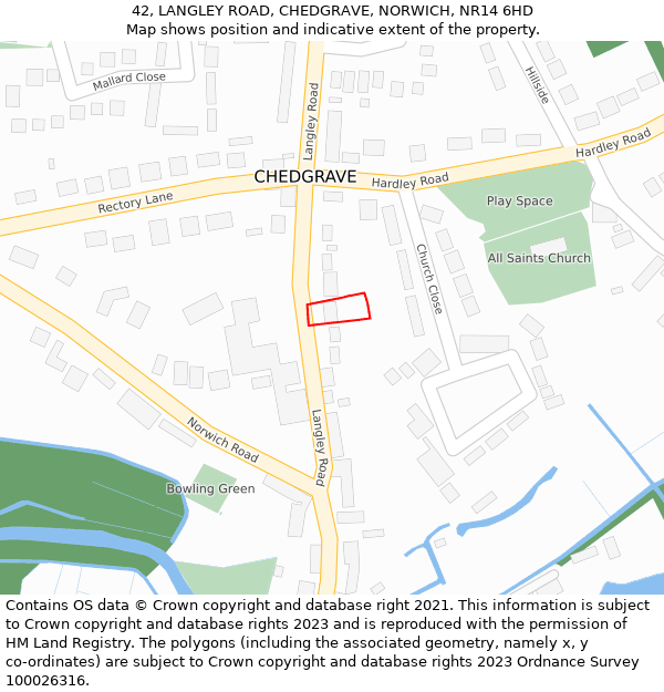 42, LANGLEY ROAD, CHEDGRAVE, NORWICH, NR14 6HD: Location map and indicative extent of plot