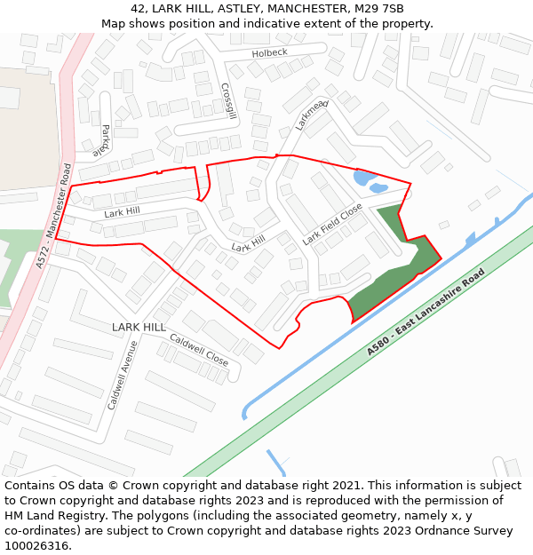 42, LARK HILL, ASTLEY, MANCHESTER, M29 7SB: Location map and indicative extent of plot